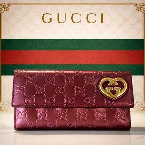 Gucci Lovely Heart Guccissima Metallic Purple Patent Leather Wallet + COA